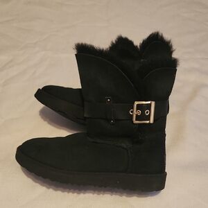 UGG Black Suede Fur-Lined Buckle Boots